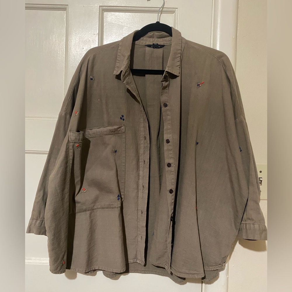 Oversized Khaki/Olive Embroidered Button-Up